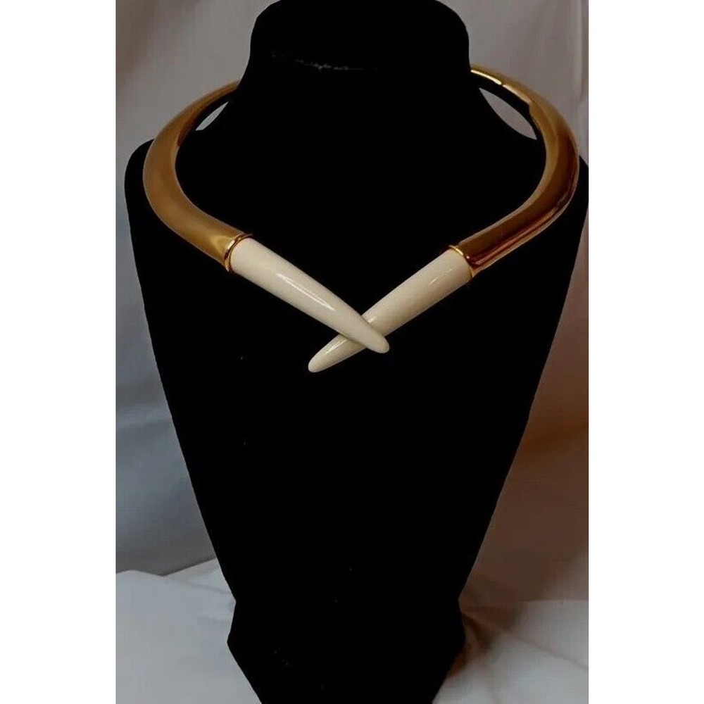 Vintage Alexis Kirk Signed Runway Choker Collar Necklace Gold Tone Faux Tusk